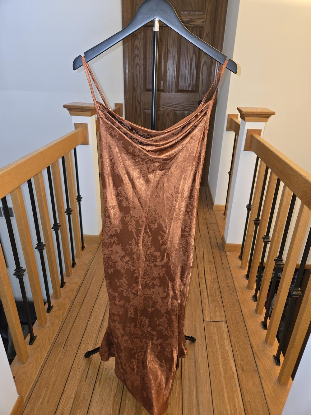Satin Slip Dress with Floral Jacquard in Copper